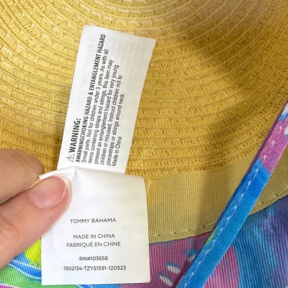 Tommy Bahama Kids Straw Sun Hat Tropical Fruit Print Wide Brim Adjustable Strap